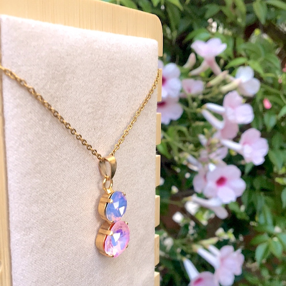 Pink + Periwinkle Purple Blue Opal Aurora Borealis + Gold Drop Pendant Necklace - Picture 4 of 12